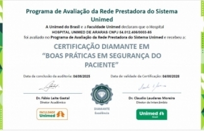 Hospital Unimed de Araras conquista Certificação Diamante em Boas Práticas em Segurança do Paciente